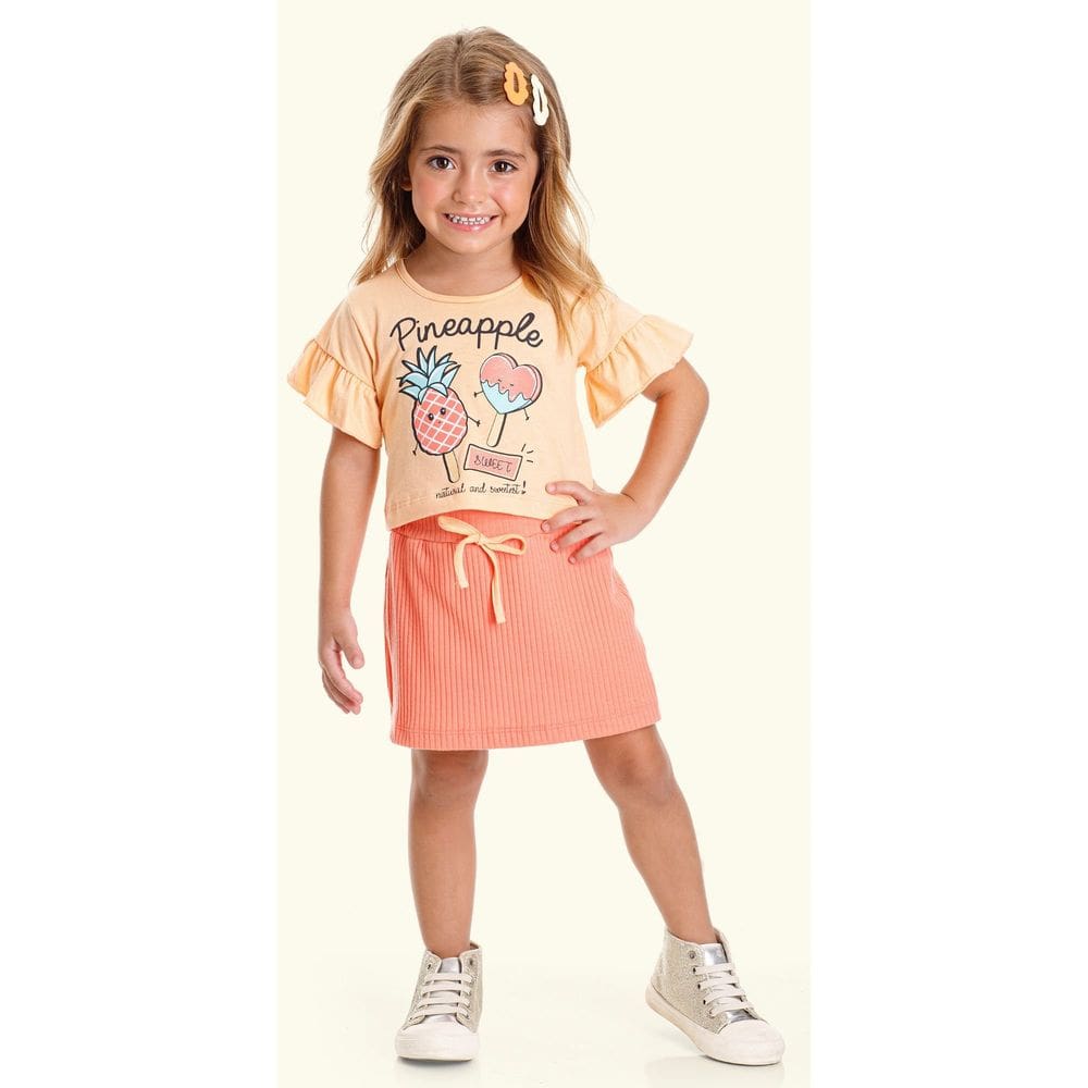 Conjunto Infantil Menina Cropped e Short Saia Salmão Verão