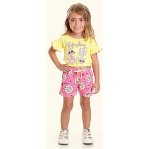 Conjunto Menina Cropped Amarelo e Short Moletinho Estampado