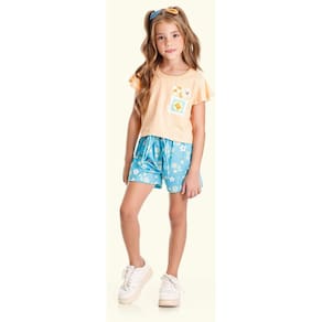 Conjunto Menina Cropped com Flor e Short Estampado Salmão