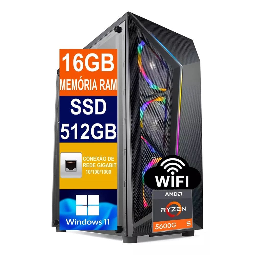 Computador Tech Power AMD Ryzen 5 5600g, SSD 512GB Nvme M.2, 16GB De Memória DDR4, WINDOWS 11 Pro