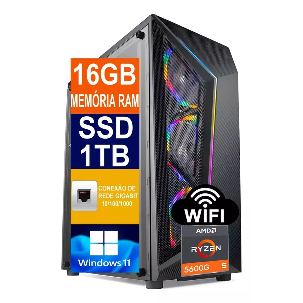 Computador AMD Ryzen 5 5600g, SSD 1TB Nvme M.2, 16GB De Memória DDR4, WINDOWS 11 Pro