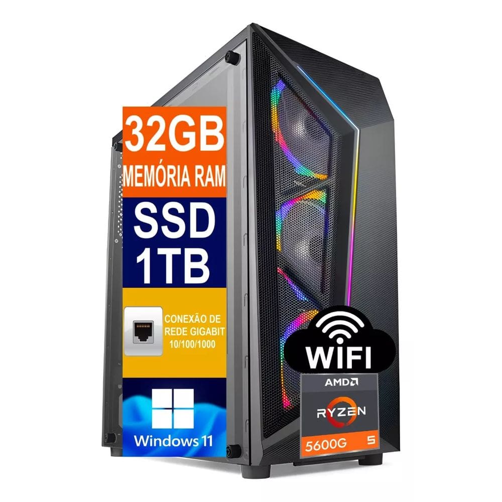 Computador Tech Power AMD Ryzen 5 5600g, SSD 1TB Nvme M.2, 32GB De Memória DDR4, WINDOWS 11 Pro