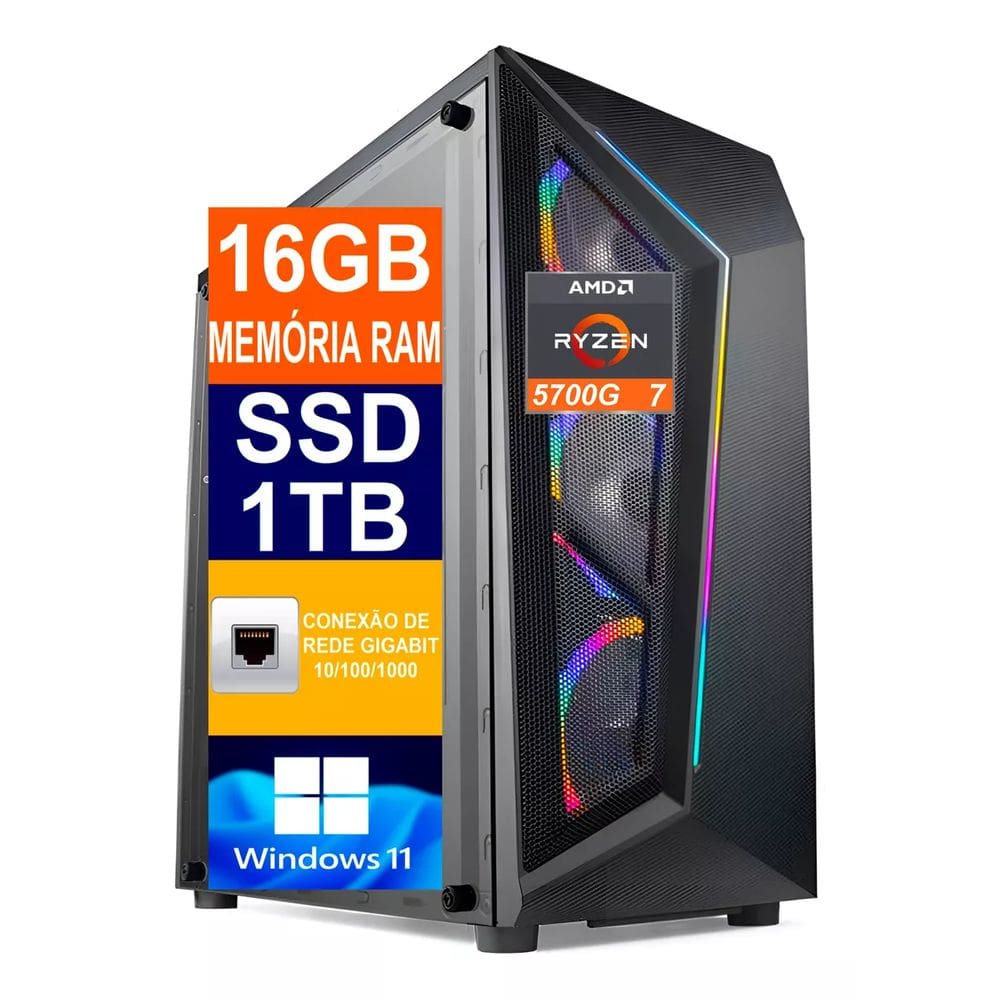 Computador Tech Power AMD Ryzen 7 5700g, SSD 1TB Nvme M.2, 16GB De Memória DDR4, WINDOWS 11 Pro