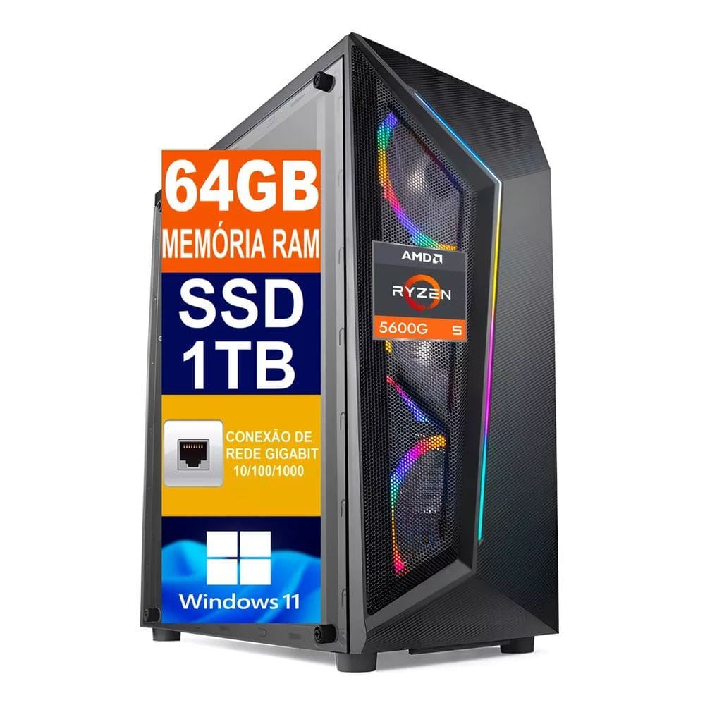 Computador Tech Power AMD Ryzen 5 5600g, SSD 1TB Nvme M.2, 64GB De Memória DDR4, WINDOWS 11 Pro