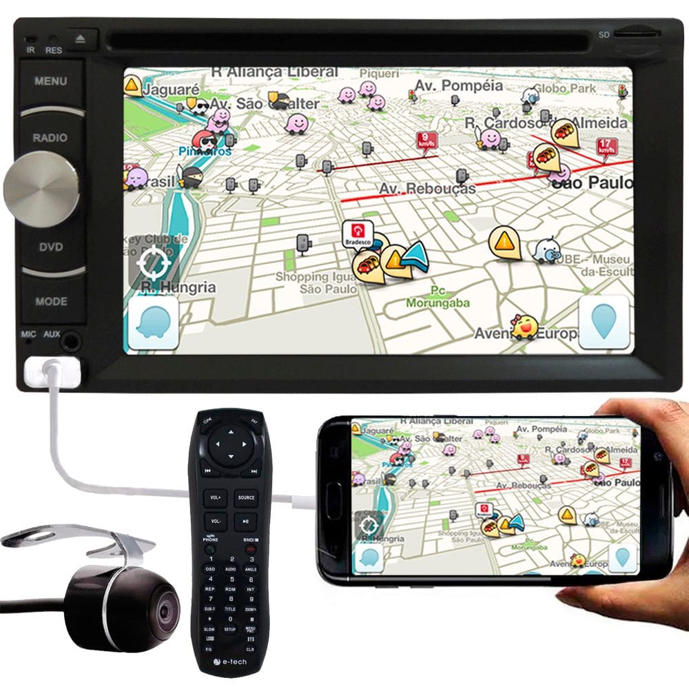 DVD Player Automotivo 2 Din E-Tech Universal Tela 6.2" Espelhamento Bluetooth USB Rádio + Câmera de Ré