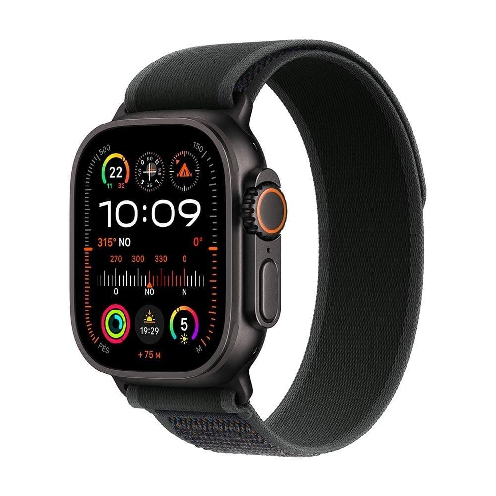 Apple Watch Ultra 2 GPS + Cellular • Caixa preta de titânio de 49 mm • Pulseira loop Trail preta – M/G