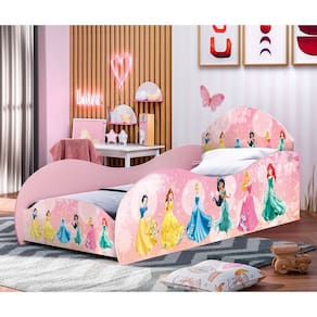 Cama Carruagem Solteiro Princesas Rosa Com Proteção Lateral Mdf - Rosa