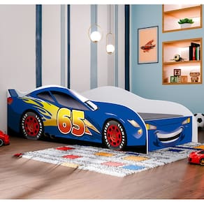 Conjunto Cama Carro Infantil Com Proteção Lateral Mdf Com Colchão - Azul