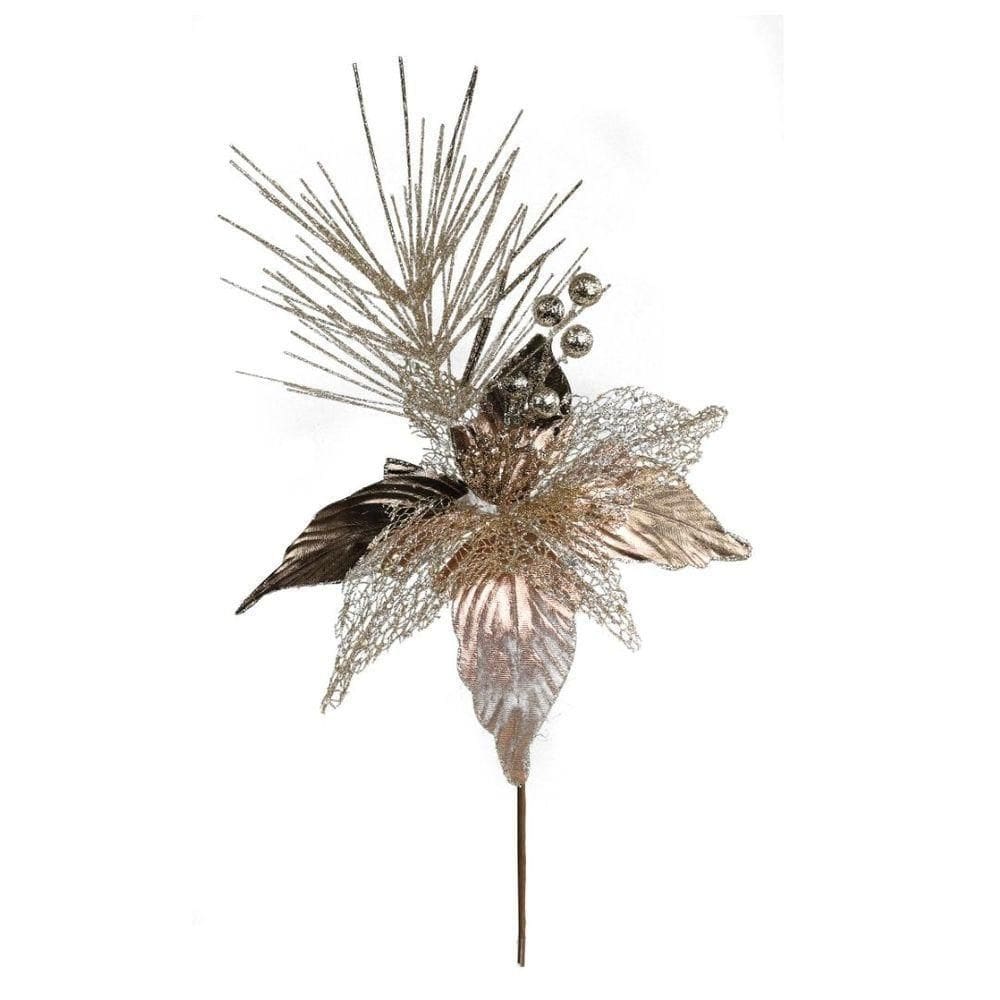 Galho Decorativo Flor Natal Bico De Papagaio Glitter Champanhe Luxo 28cm - Magizi