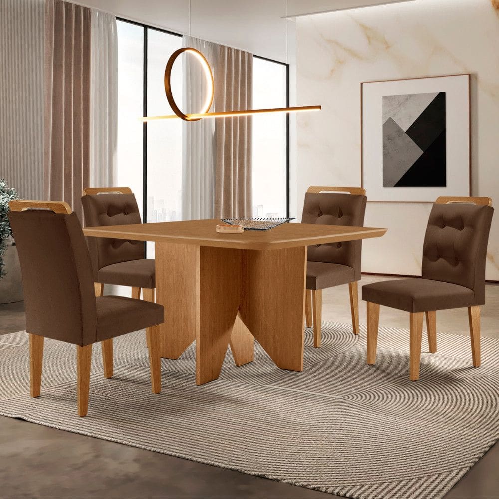 Mesa Evora 90 MDF canto copo e com 4 Cadeiras Carol