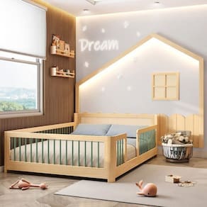 Cama Casal Montessoriana Wave com Palito e Moldura com LED Dream Decor Casatema Verde/Natural