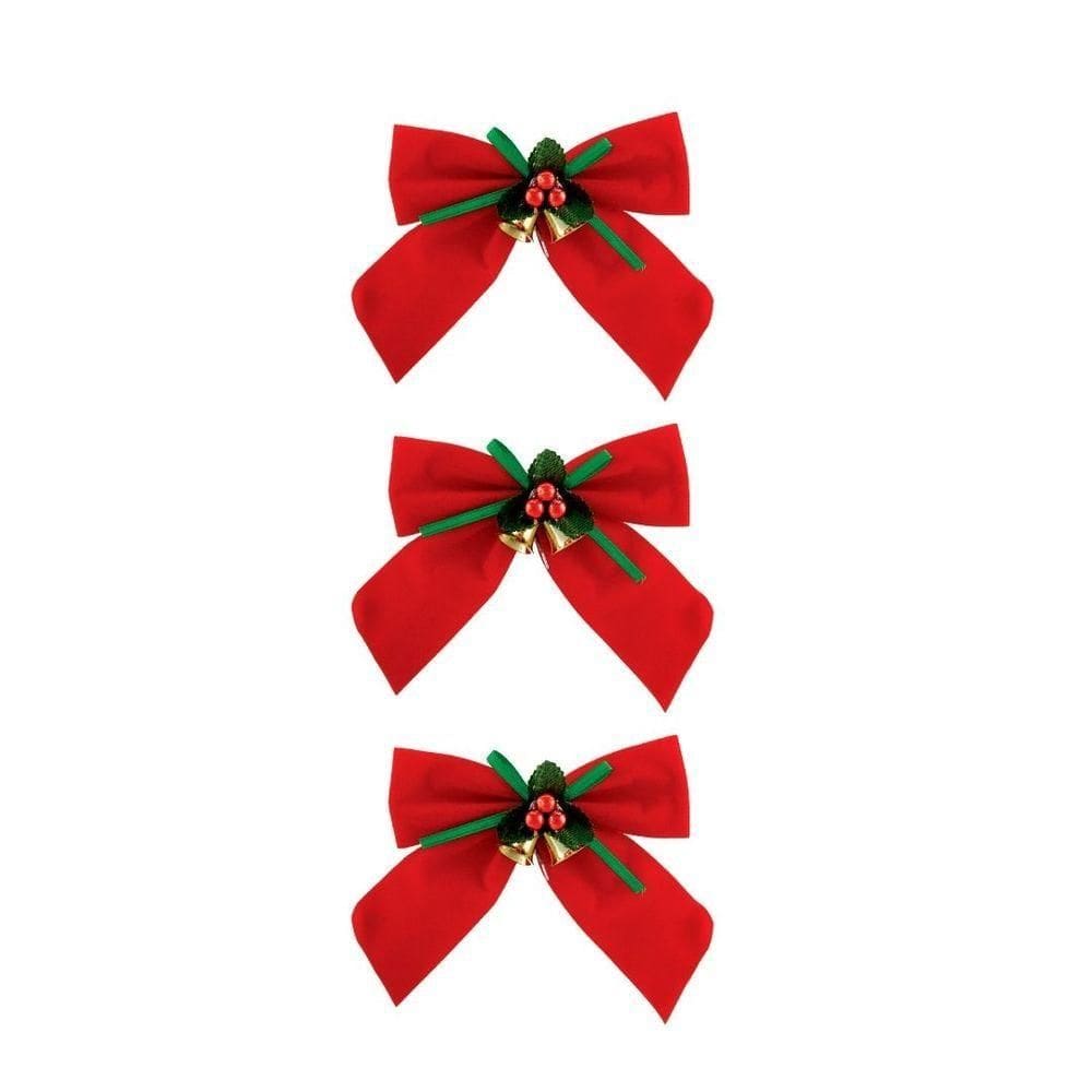 Kit 3 Laços Vermelho Aveludado Decorado Mini Sinos Dourado 11x11cm - Magizi