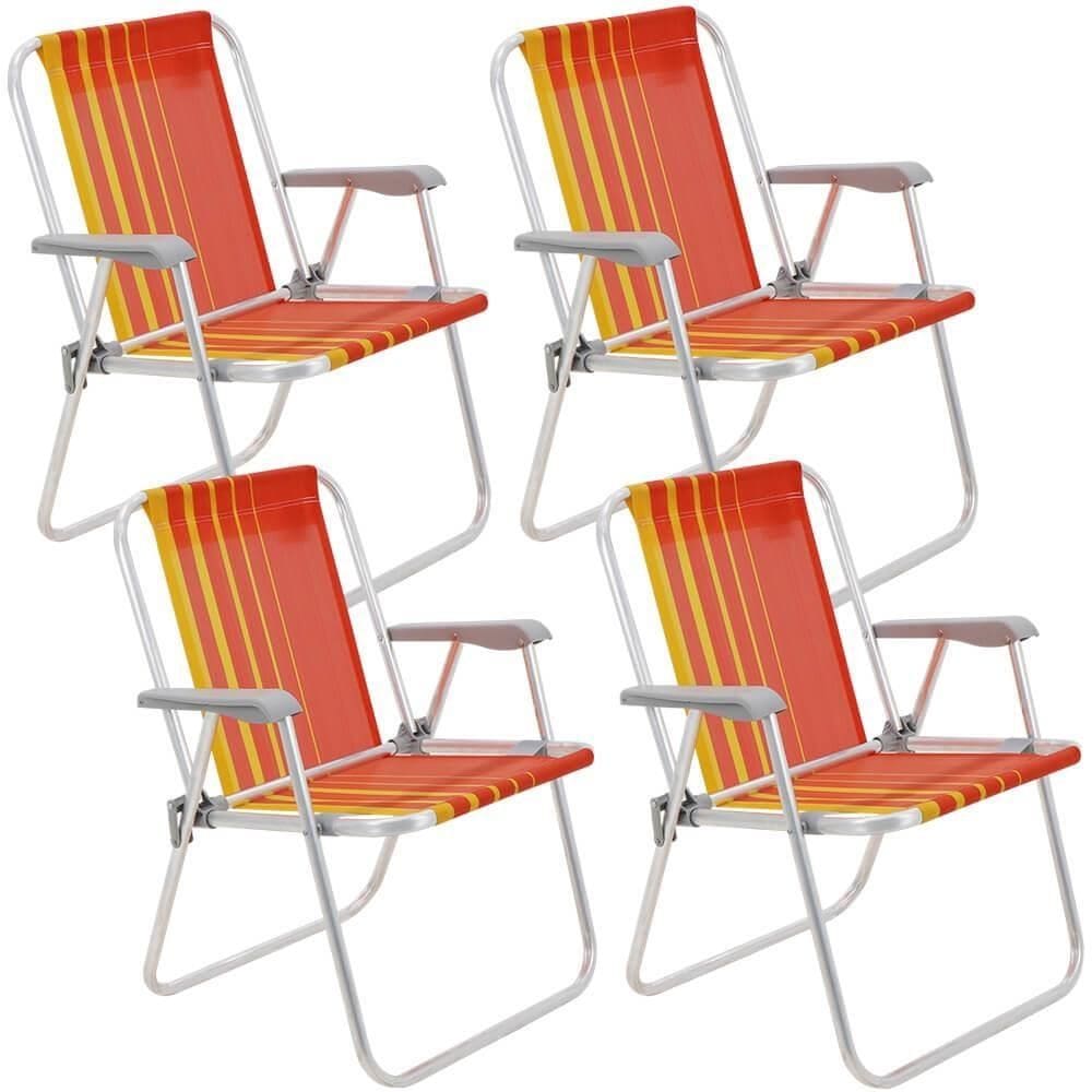 Kit 04 Cadeiras de Praia Tramontina Samoa Alta em Alumínio com Assento Laranja e Amarelo 92900001