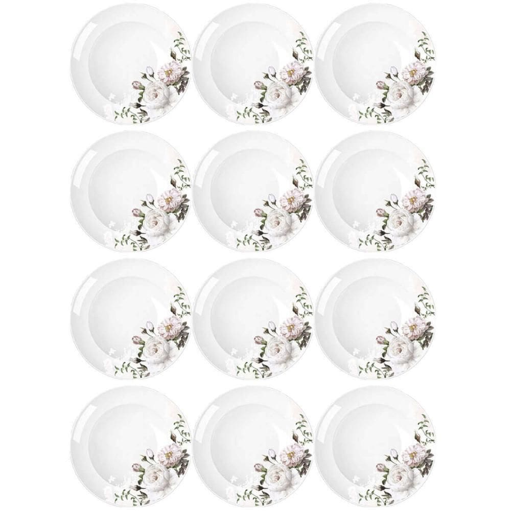Jogo 12 Pratos Fundos Redondos 23cm Garden em Porcelana com Estampa Floral Germer