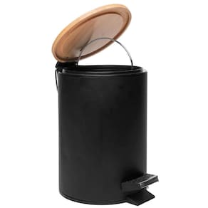 Lixeira 5L Metal Redonda com Pedal Preta Tampa Bambu Balde Interno Banheiro
