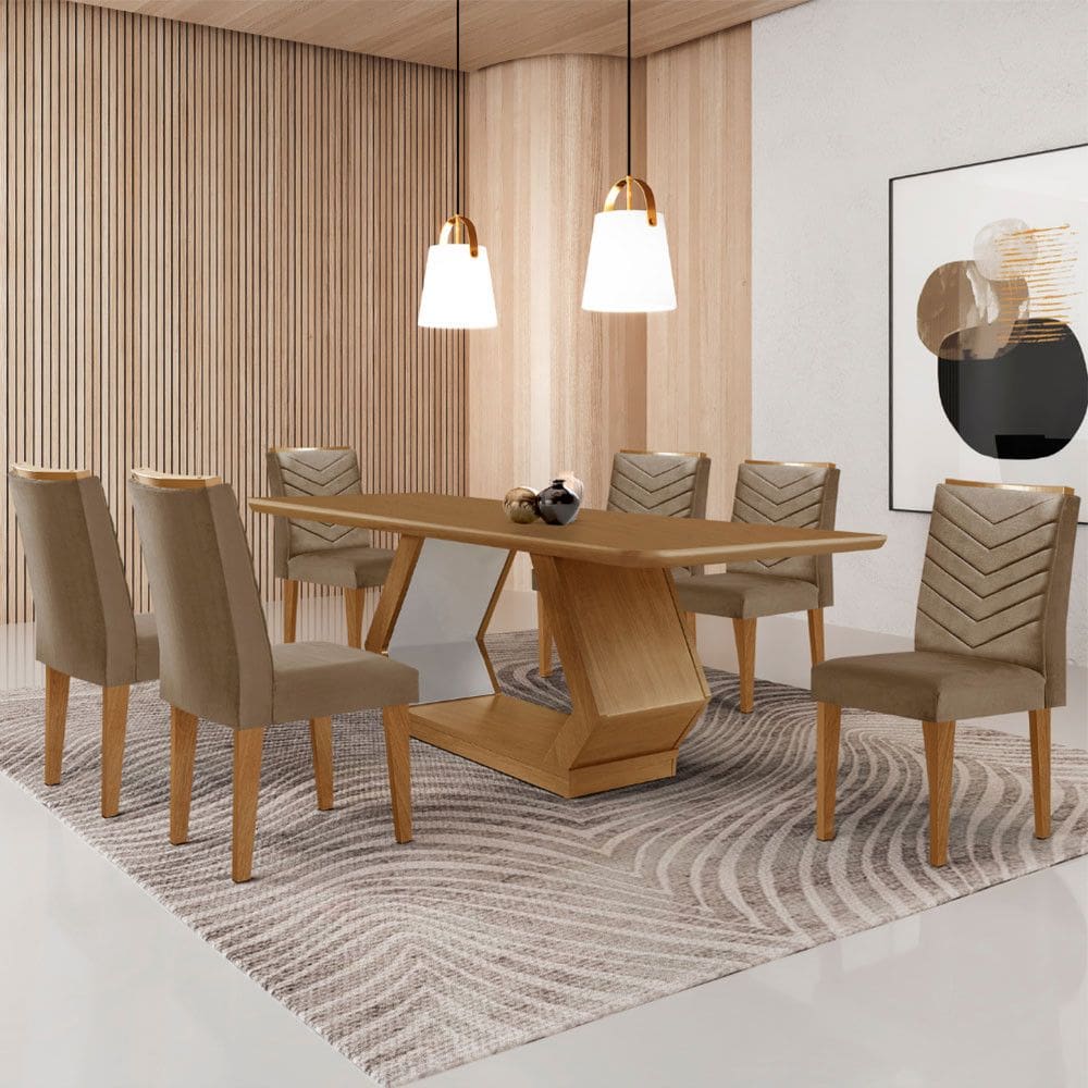 Mesa para Sala de Jantar Alvorada 180cm MDF Tampo Laminado Canto Copo e 6 Cadeiras Liz