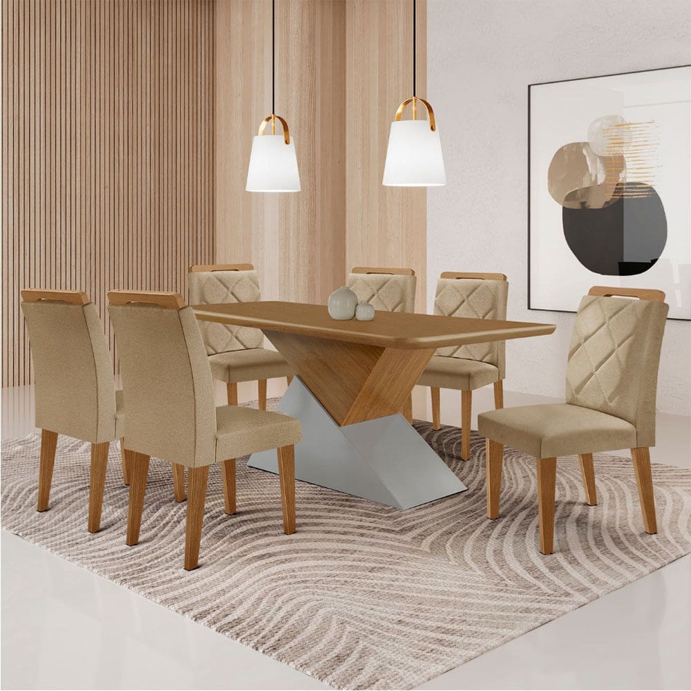 Mesa para Sala de Jantar Aster 180cm MDF Tampo Laminado Canto Copo e 6 Cadeiras Melissa