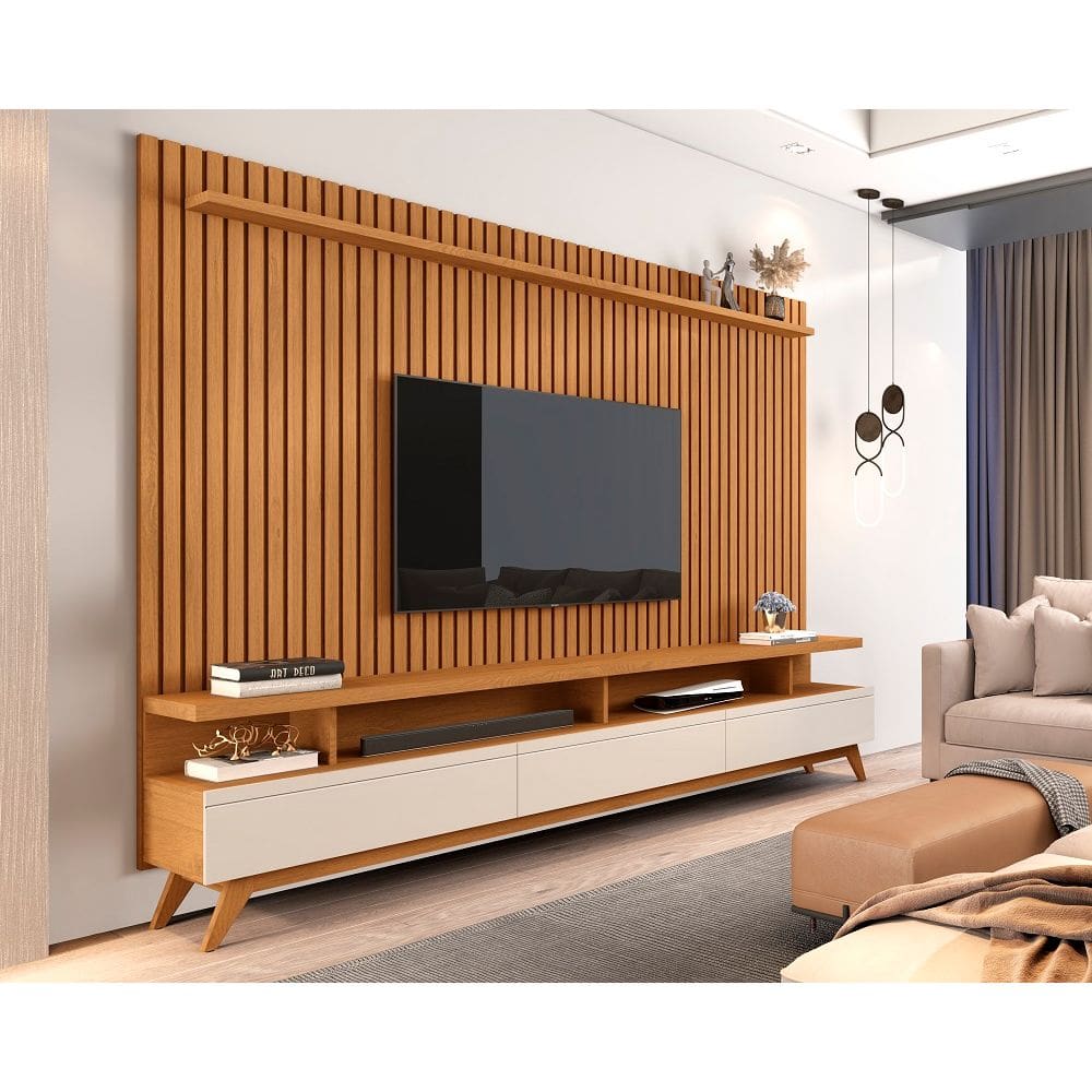 Rack Vivare 2.2 Wood Com Painel Para TV Até 75 Polegadas Versátil Ripado Verdadeiro 2.2x1.8 Nature/Off White Giga Móveis