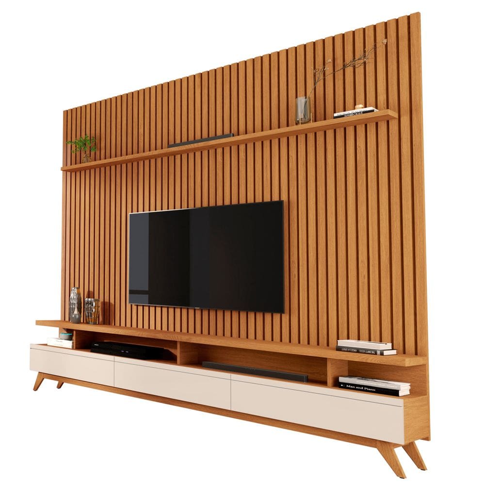Rack Vivare 2.2 Wood Com Painel Para TV Até 85 Polegadas Versátil Ripado Verdadeiro 2.2x2.2 Nature/Off White Giga Móveis