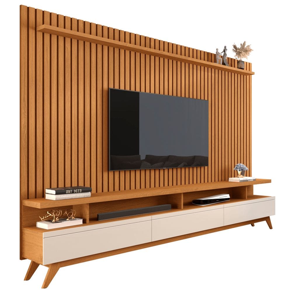 Rack Vivare 2.2 Wood Com Painel Para TV Até 75 Polegadas Versátil Ripado Verdadeiro 2.2x1.8 Nature/Off White Giga Móveis