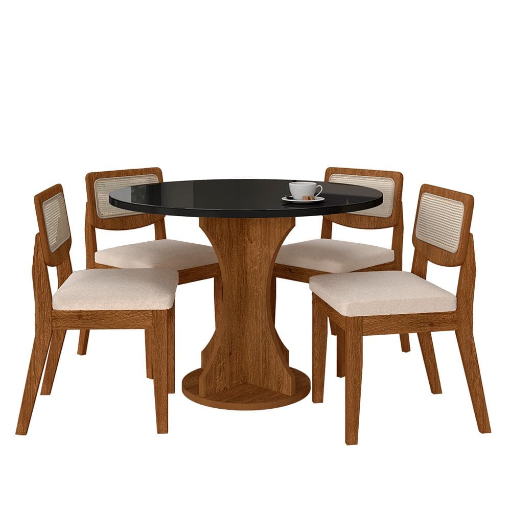 Mesa Com 4 Cadeiras Redonda C/vidro Santorini Fre/pto/bouclé Off - M.a