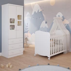 Quarto de Bebê Completo Uli Berço Americano Guarda Roupa 2 Portas 3 Gavetas 100% MDF Peroba