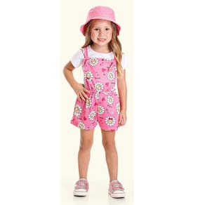 Jardineira Menina Moletinho Rosa Estampado com Blusa Branca