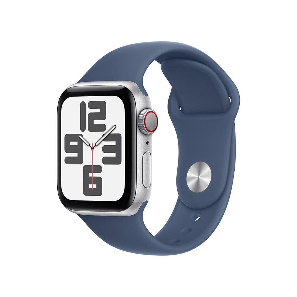 Apple Watch SE GPS + Cellular • Caixa prateada de alumínio – 40 mm • Pulseira esportiva denim – P/M