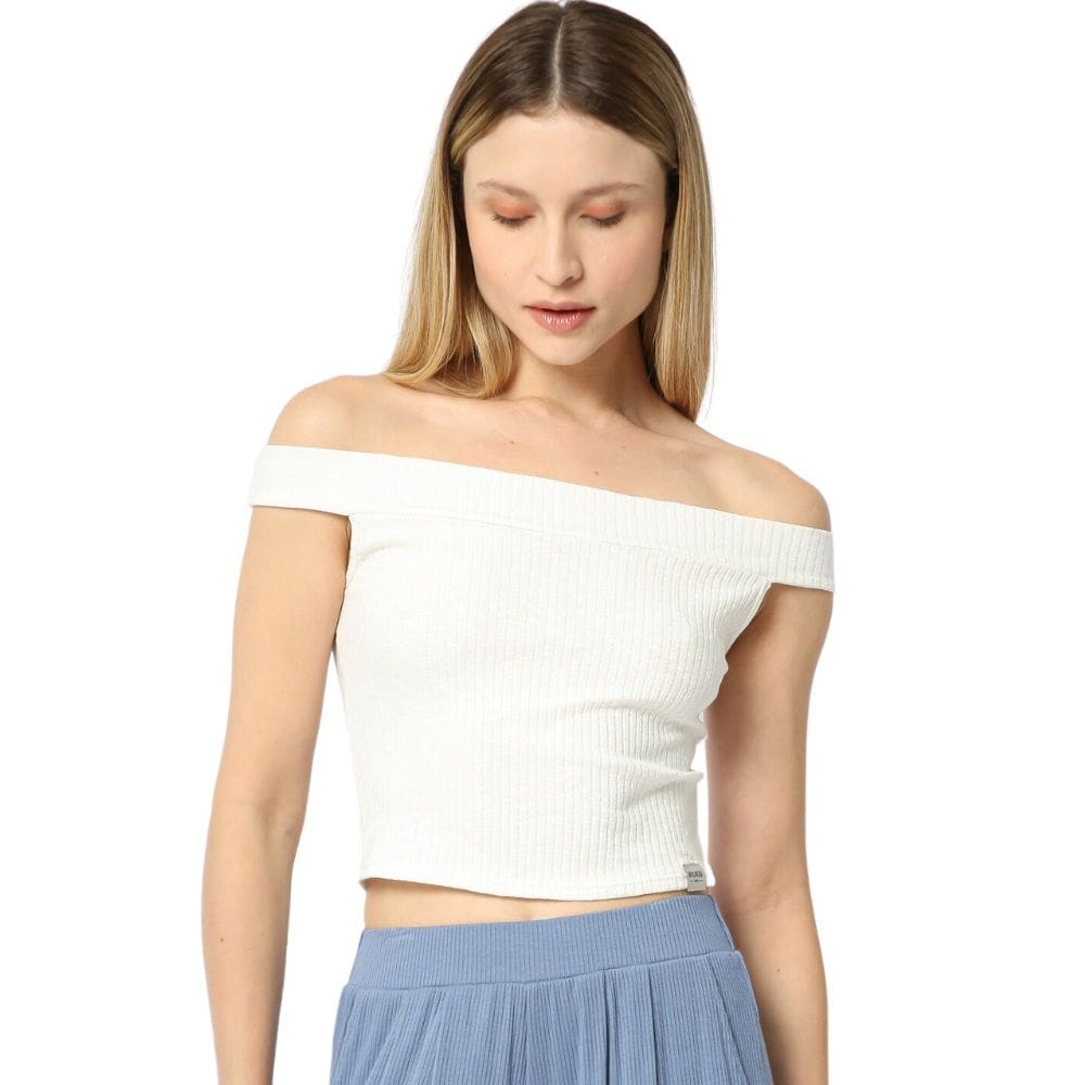 Blusinha Canelada Crisp Riu Kiu Ombro a Ombro Off White 11026