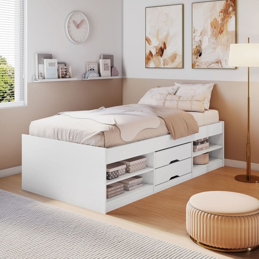 Cama Solteiro Multifuncional 2 Gavetas Branco