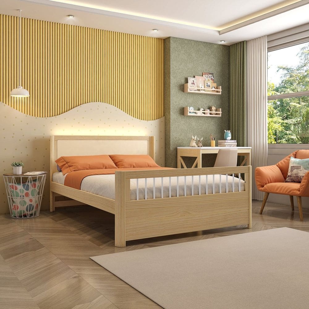 Cama Casal Wave Juvenil Reversivel em Rattan com Led Casatema Branco/Natural