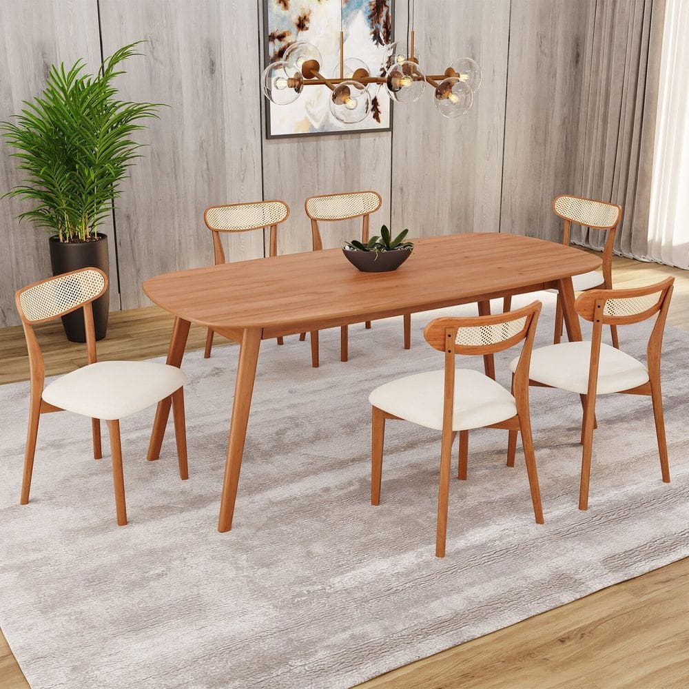Conjunto Sala de Jantar Mesa 180x80cm Tampo em Mdf Laminado 6 Cadeiras Ceci Natural
