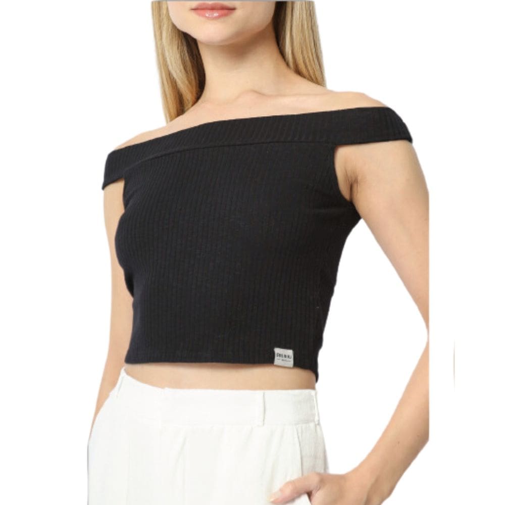 Blusinha Canelada Crisp Riu Kiu Ombro a Ombro Preta 11026