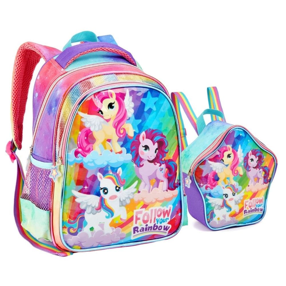 Kit Mochila e Lancheira Escolar Infantil Unicórnio