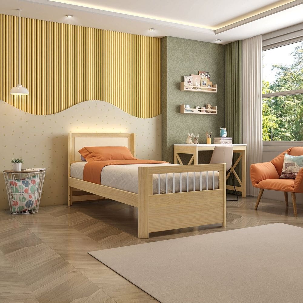 Cama Solteiro Wave Juvenil Reversivel em Rattan com Led Casatema Branco/Natural