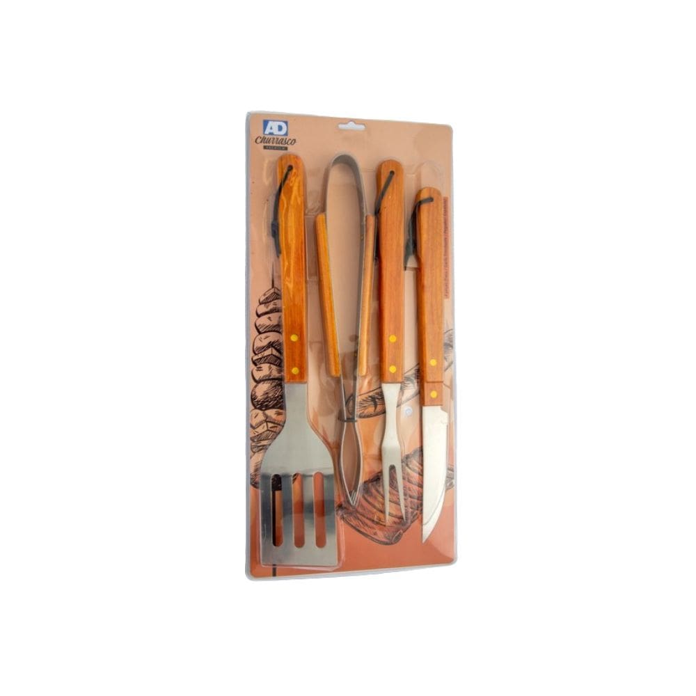 Kit Churrasco Inox 4 Peças Faca Garfo Pegador Espátula - Ad