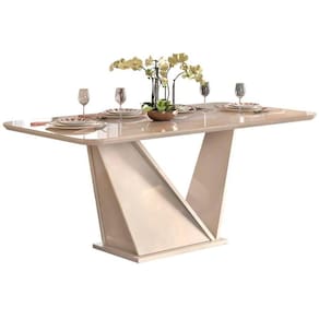 Mesa de Sala Jantar Forme c/ Tampo Madeirado c/ Vidro Curvo 180x90cm Off White - DJ Móveis