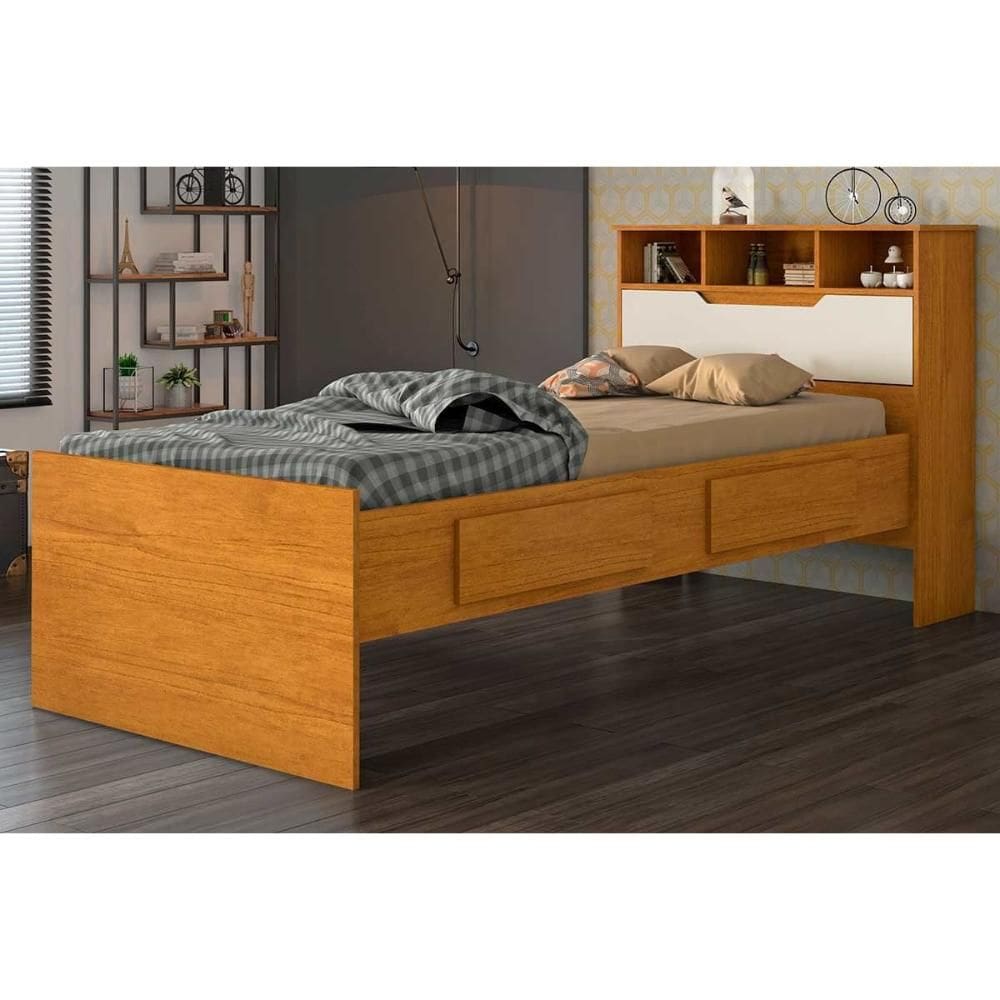 Cama Solteiro Ravena c/ 2 Gavetas Cinamomo/Off White - Conquista