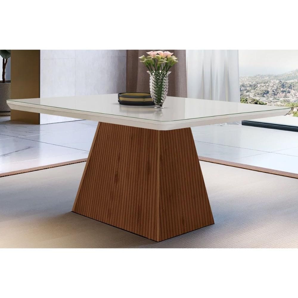 Mesa de Sala Jantar Luna c/ Tampo 120x80cm Madeirado Vidro Canto Curvo - Imbuia/Ripado 3D/Off White - Rufato