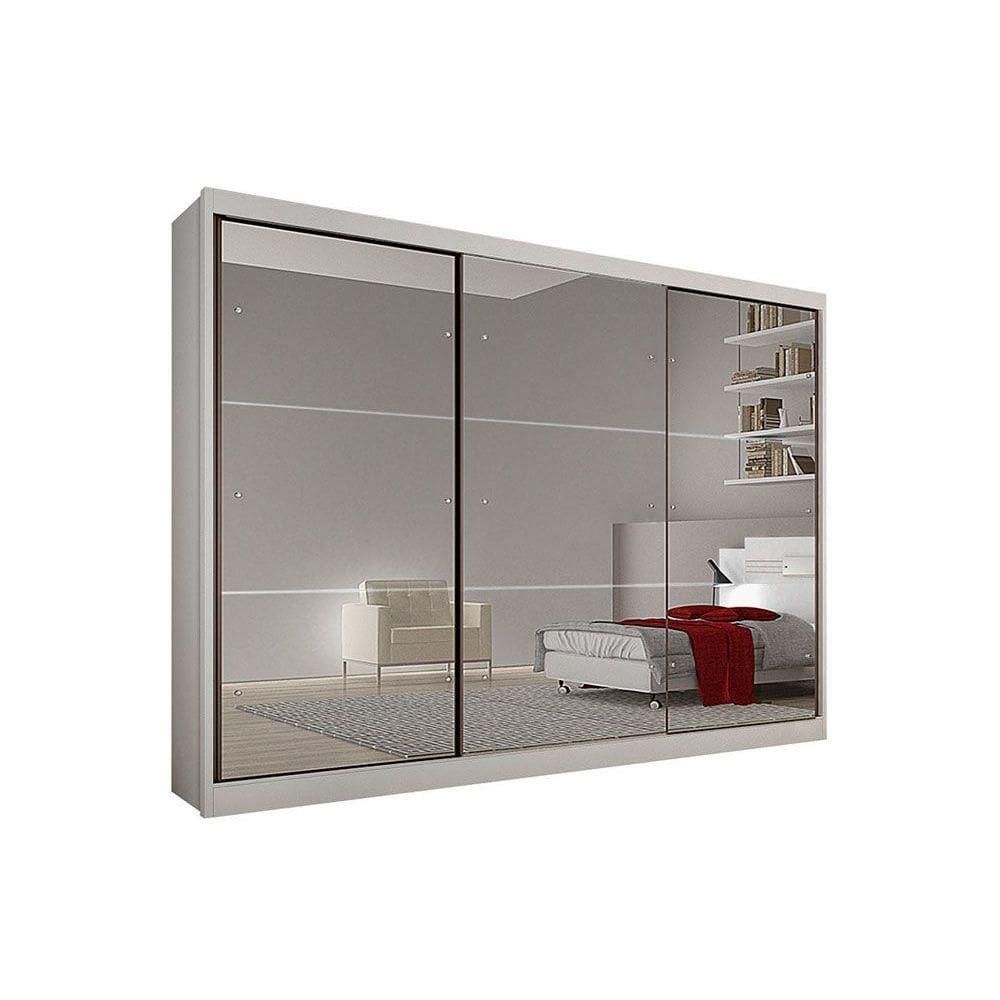 Guarda Roupa Casal 3 Portas de Correr c/ Espelho e 8 Gavetas Passion/Atlanta Branco - Novo Horizonte