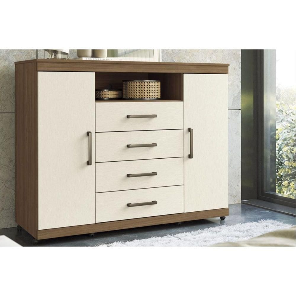 Cômoda de Quarto Master c/ 2 Portas 1 Nicho e 4 Gavetas c/ Rodízio Jatobá/Areia - Santos Andirá