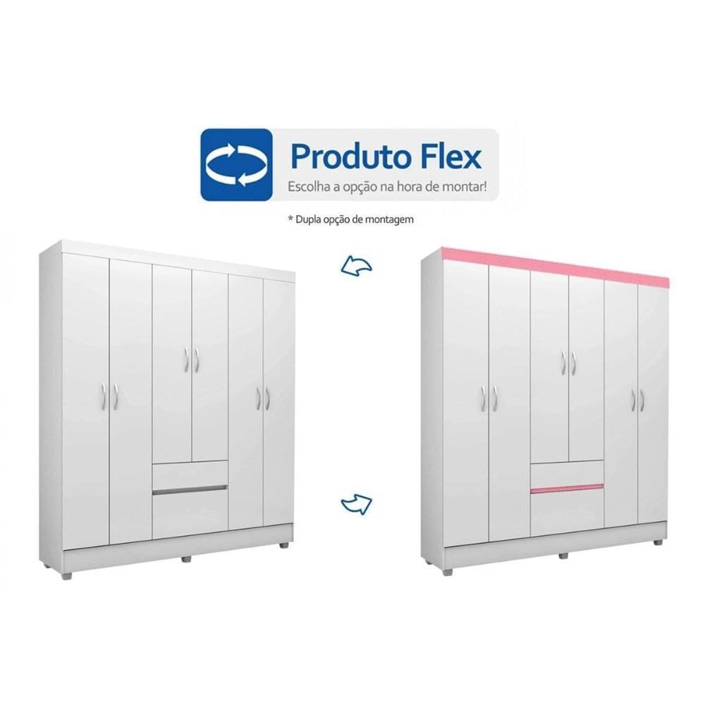 Guarda Roupa Solteiro 6 Portas e 2 Gavetas Flash II Flex Branco/Branco ou Rosa - Demóbile