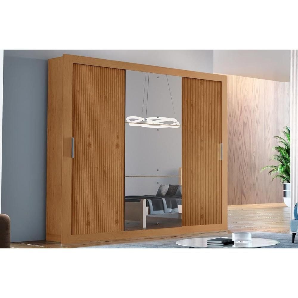 Guarda Roupa Casal 3 Portas de Correr (1 c/ Espelho) e 4 Gavetas Veneza Luxo Naturalle/Ripado 3D - Rufato