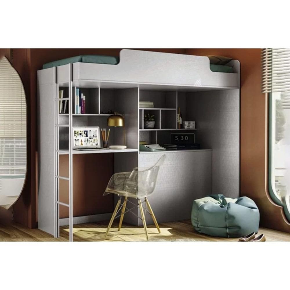 Beliche Multifuncional Office New (Cama+Escrivaninha de CPU+Baú+Nicho+Prateleiras) Branco - Santos Andirá