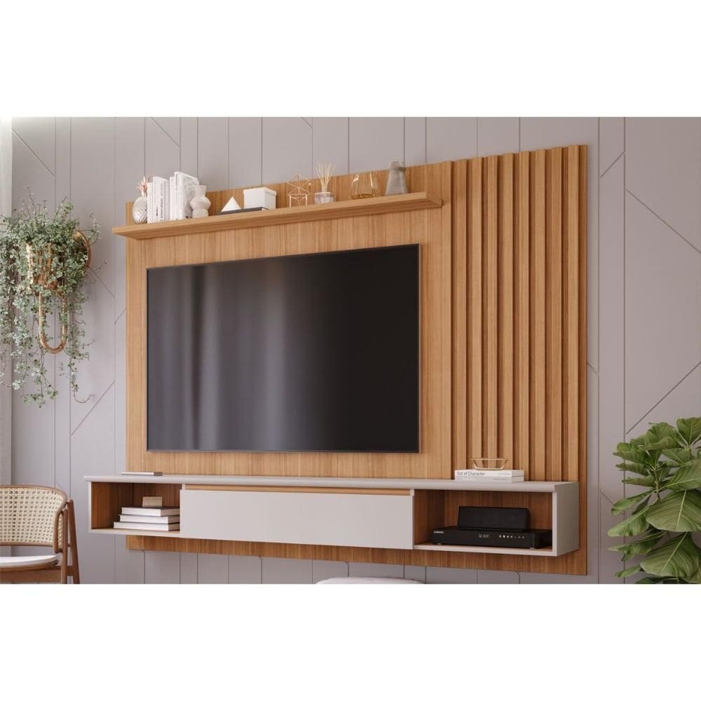 Painel Home p/ TV até 65 Pol Bahamas Ripado c/ 1 Porta 215X157cm Nature/Off White - Permóbili