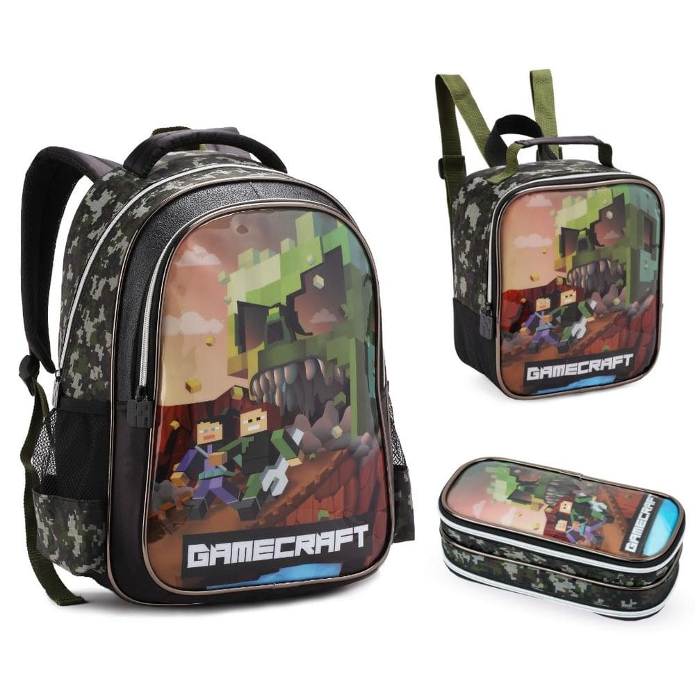 Kit Mochila Lancheira e Estojo Creche Infantil Gamecraft