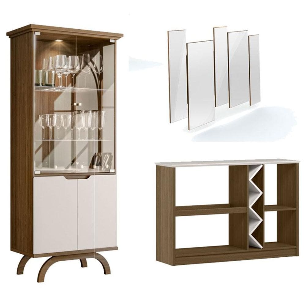 Cristaleira Vicenza com Aparador Buffet Isis e Espelho Isadora Imbuia Off White – New Ceval