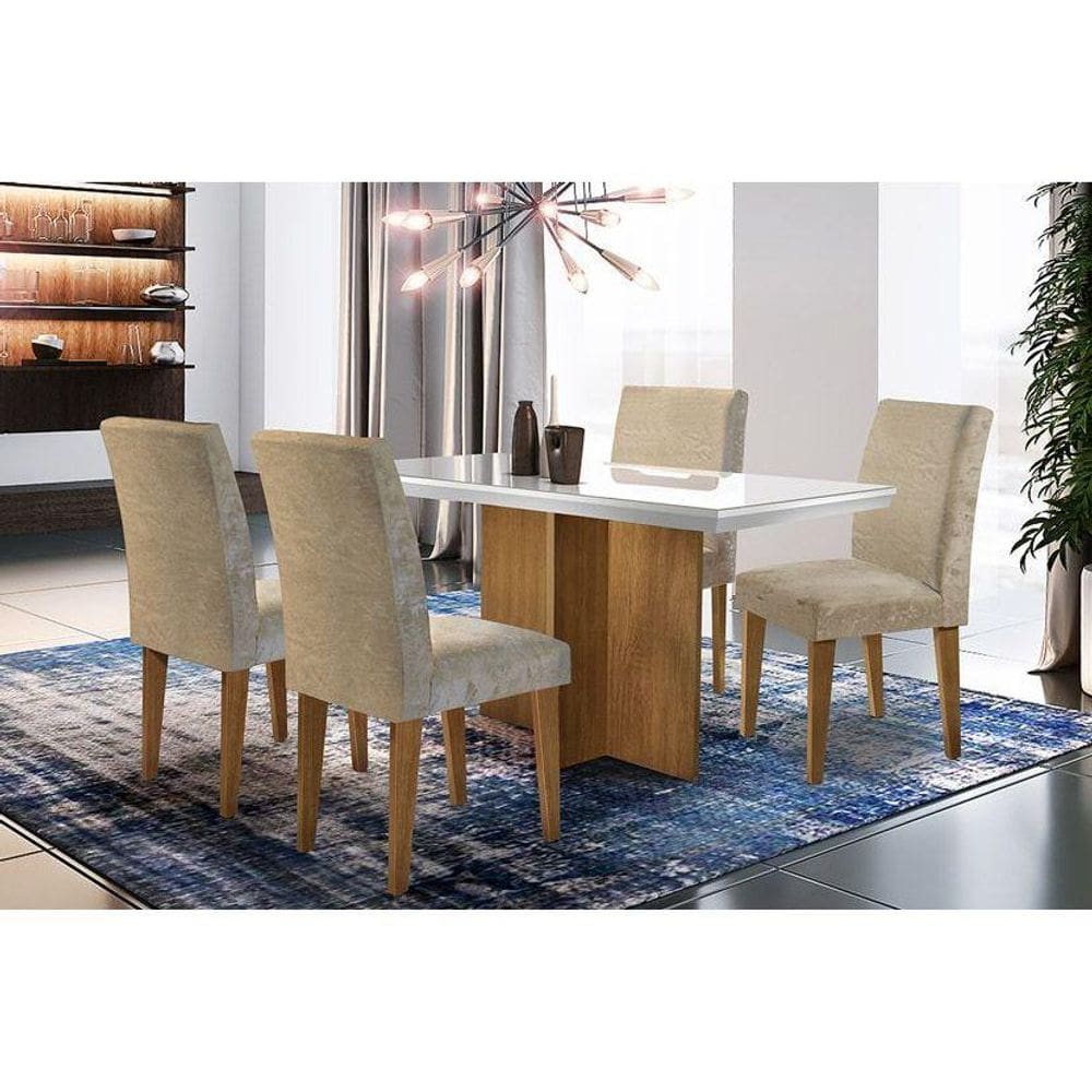 Sala de Jantar Completa Berlim c/ Tampo Madeirado c/ Vidro Canto Reto 120cm + 4 Cadeiras Grécia Imbuia/Capuccino Chocolate - Rufato