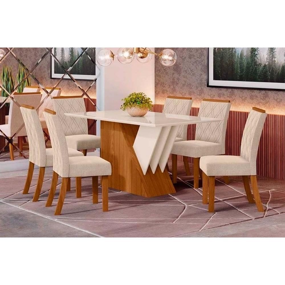 Sala de Jantar Completa Épic SC24 Tampo Madeirado c/ Vidro Canto Curvo 160x90cm e 6 Cadeiras Vita Nature/Veludo Light Linho - Henn