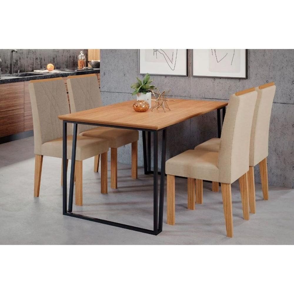 Conjunto: Mesa de Cozinha Lisa Tampo Madeirado c/ Vidro 130x80cm e 4 Cadeiras Nicole Savana/Nature-Suede Nude Bege - Cimol